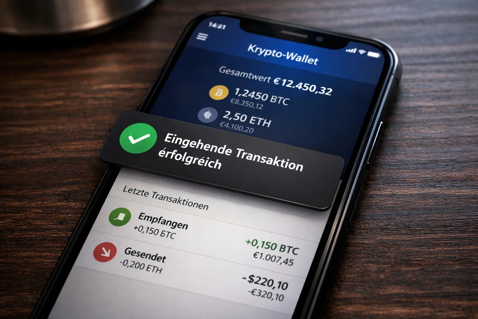 Erfolgreiche Auszahlung wird in Krypto-Wallet angezeigt