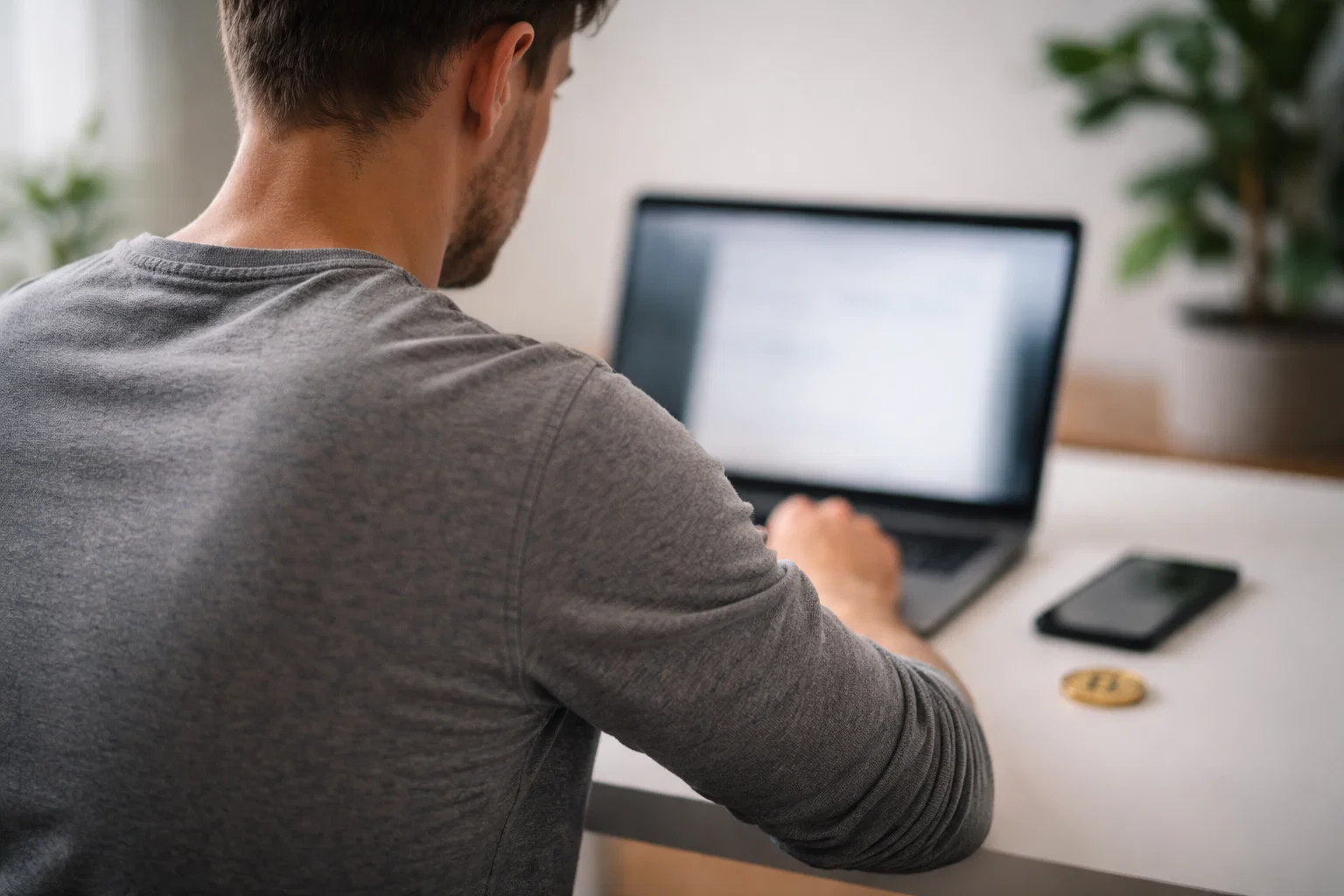 Person am Laptop führt Bitcoin-Einzahlung durch, Smartphone mit Wallet daneben