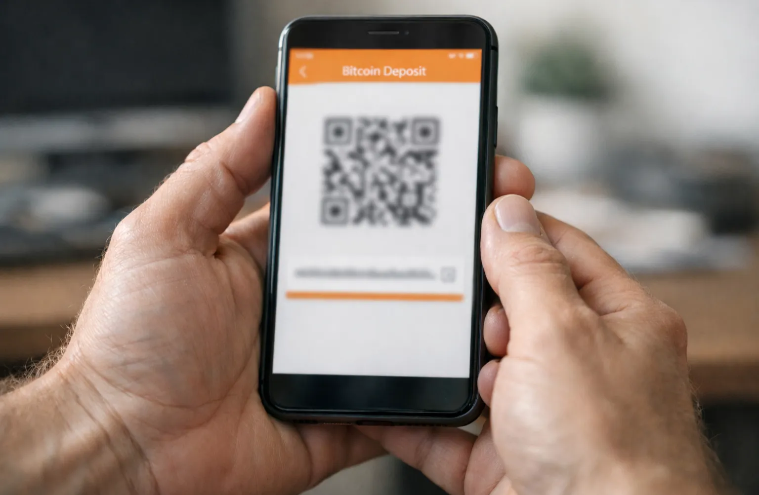 Smartphone zeigt Bitcoin-Einzahlungsadresse mit QR-Code