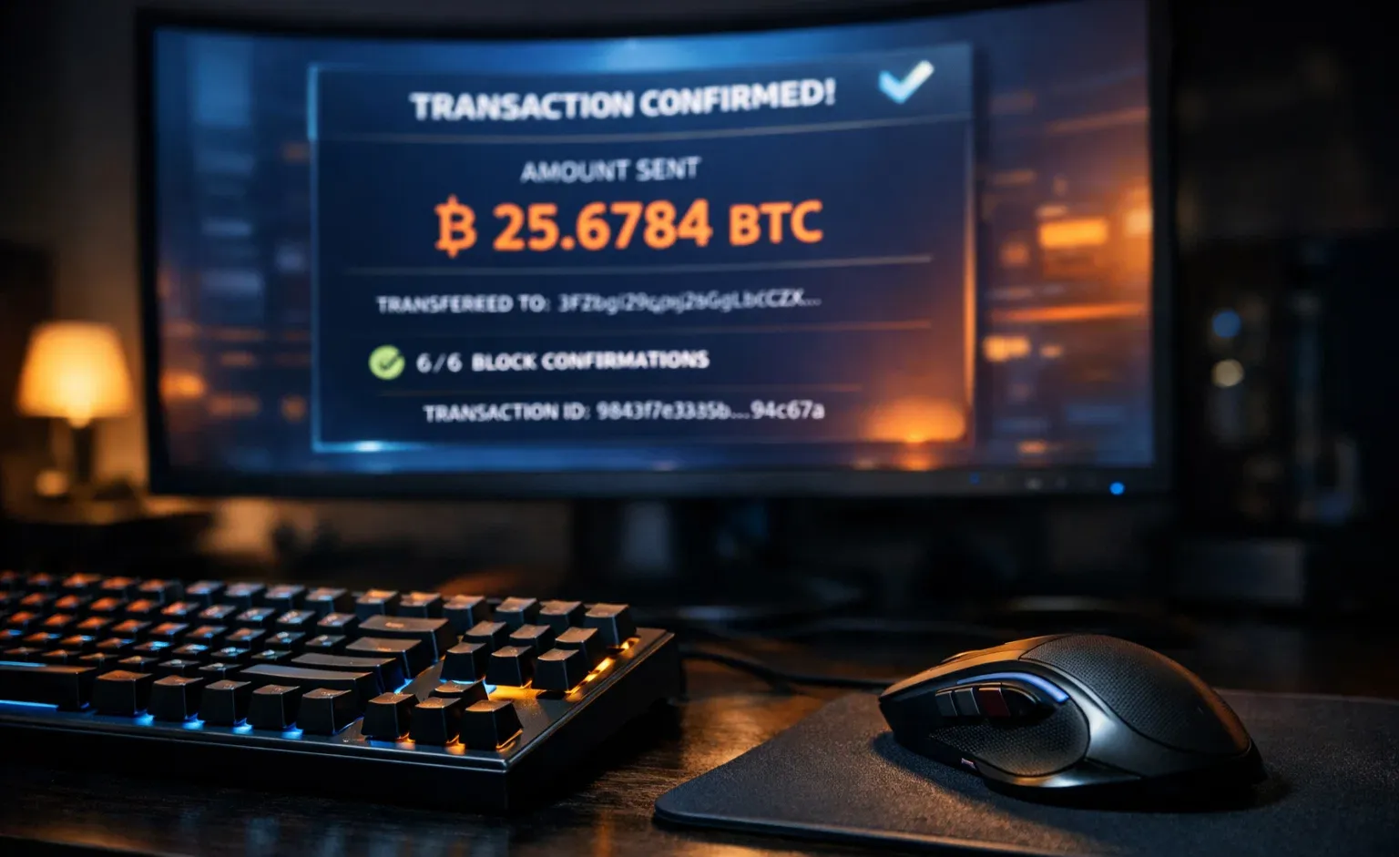 Große Bitcoin-Transaktion auf einem Monitor dargestellt