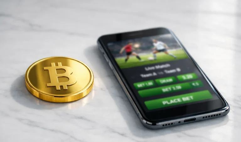 Bitcoin-Münze neben Smartphone mit Sportwetten-App