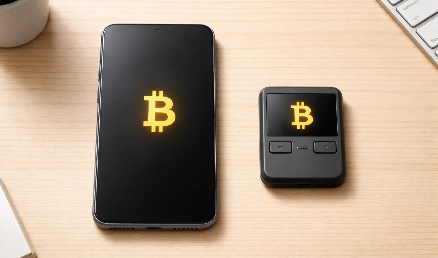 Verschiedene Bitcoin-Wallet-Optionen auf Smartphone und Hardware-Gerät