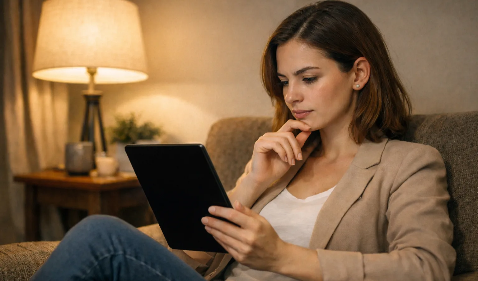 Person liest Bonusbedingungen auf einem Tablet