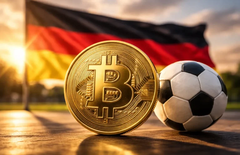 Bitcoin-Münze vor deutscher Flagge mit Fußball im Hintergrund
