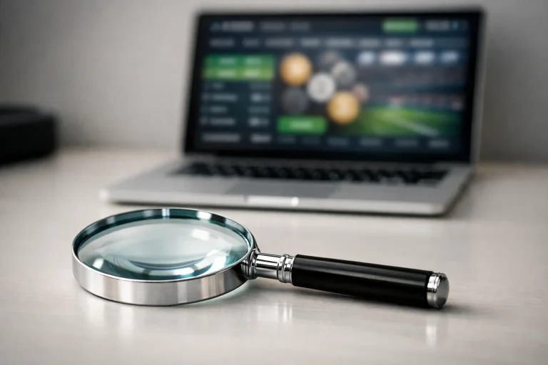 Lupe über Sportwetten-Interface symbolisiert gründliche Überprüfung