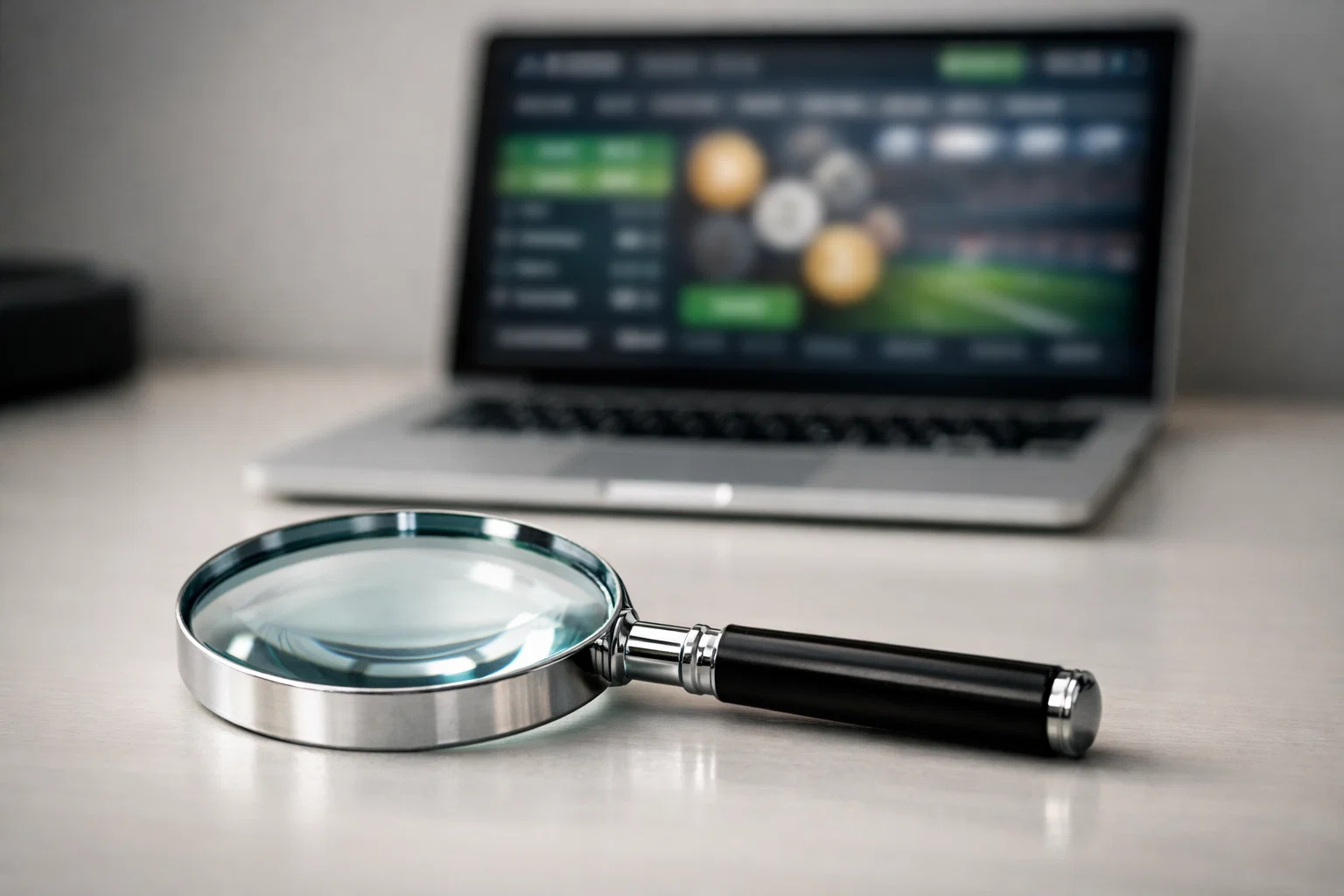 Lupe über Sportwetten-Interface symbolisiert gründliche Überprüfung