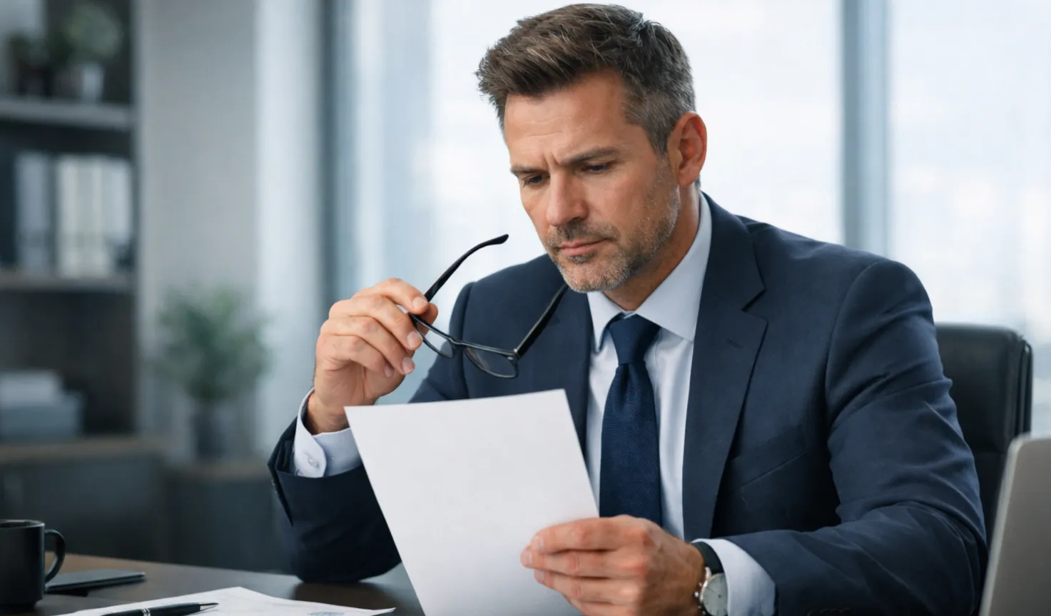 Geschäftsmann prüft offizielle Lizenzdokumente am Schreibtisch