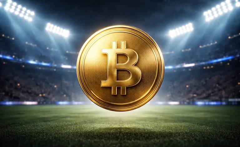 Goldene Bitcoin-Münze schwebt in einem beleuchteten Fußballstadion bei Nacht