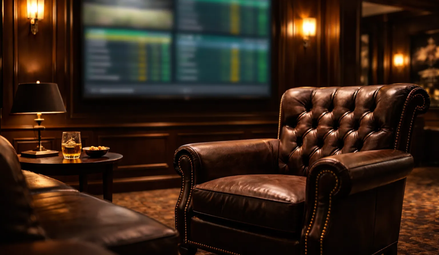 Exklusiver VIP-Bereich mit Ledersessel und Sportwetten-Bildschirm