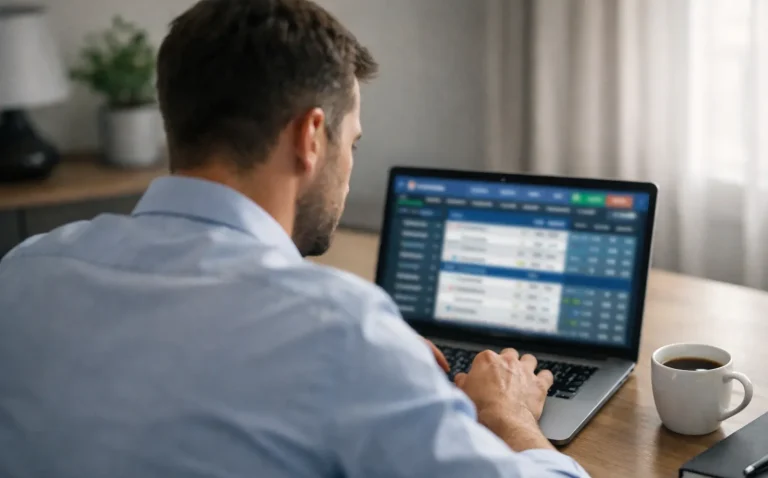 Mann recherchiert seriöse Krypto-Buchmacher am Laptop