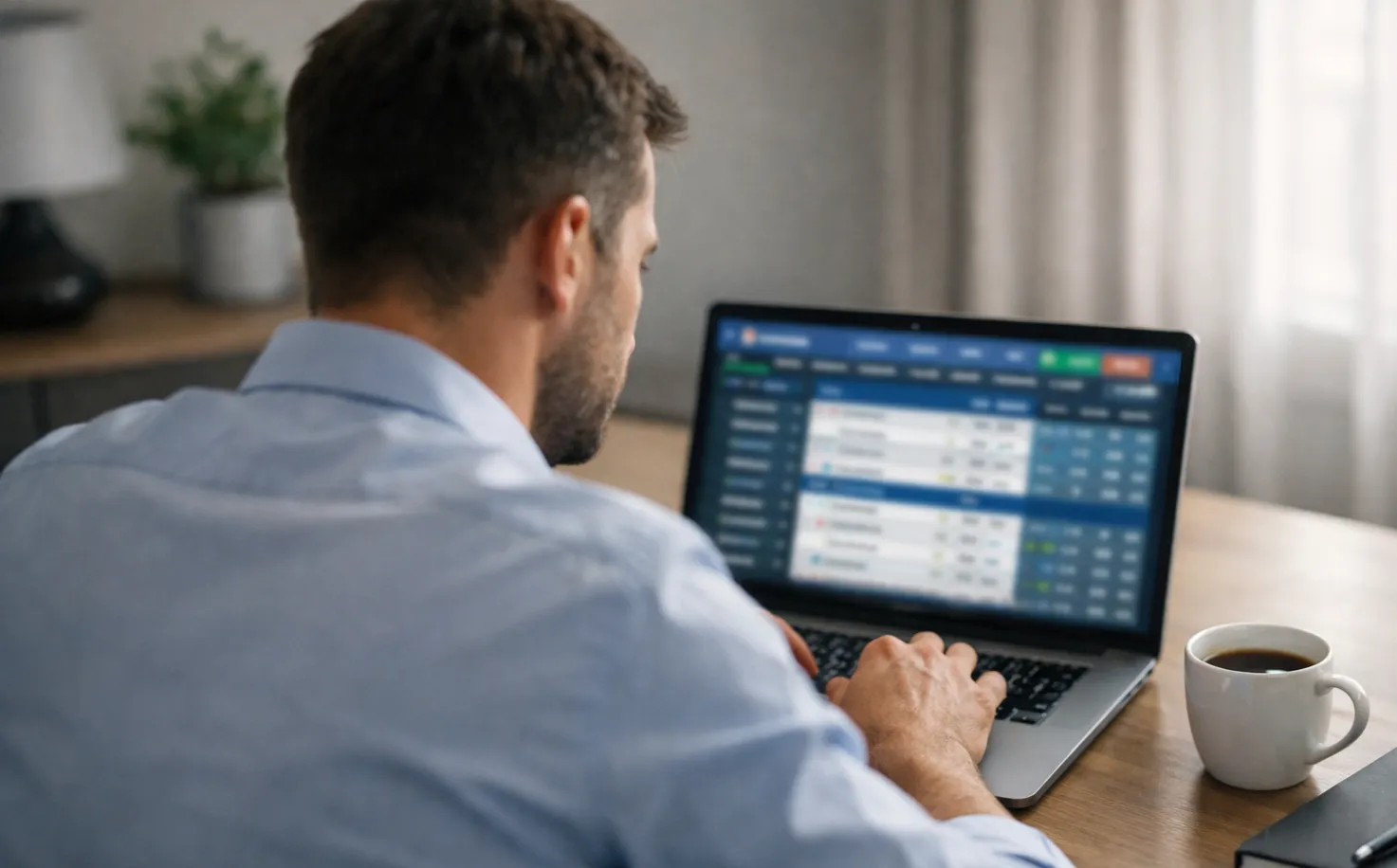 Mann recherchiert seriöse Krypto-Buchmacher am Laptop