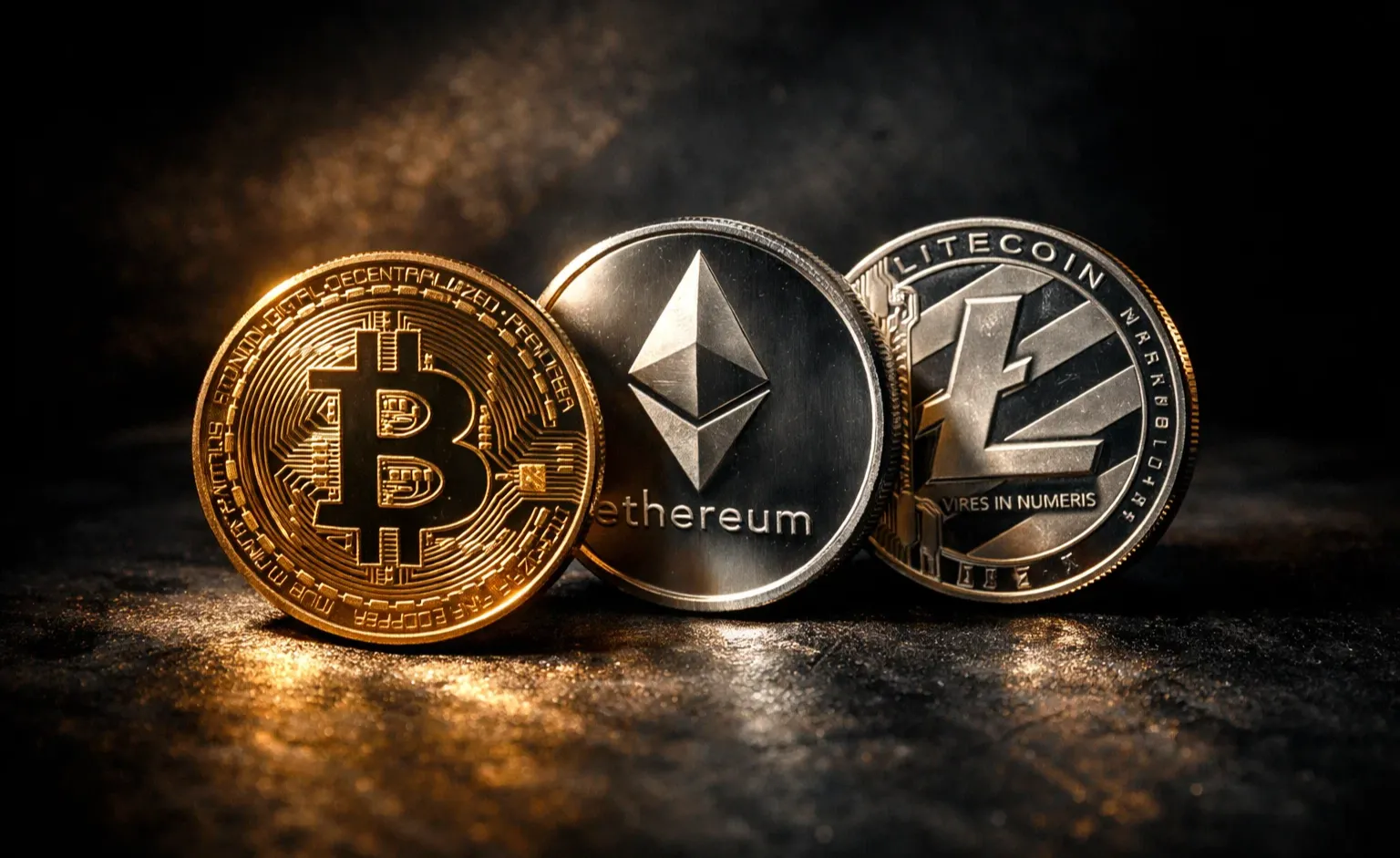 Bitcoin, Ethereum und Litecoin Münzen auf dunkler Oberfläche mit dramatischer Beleuchtung