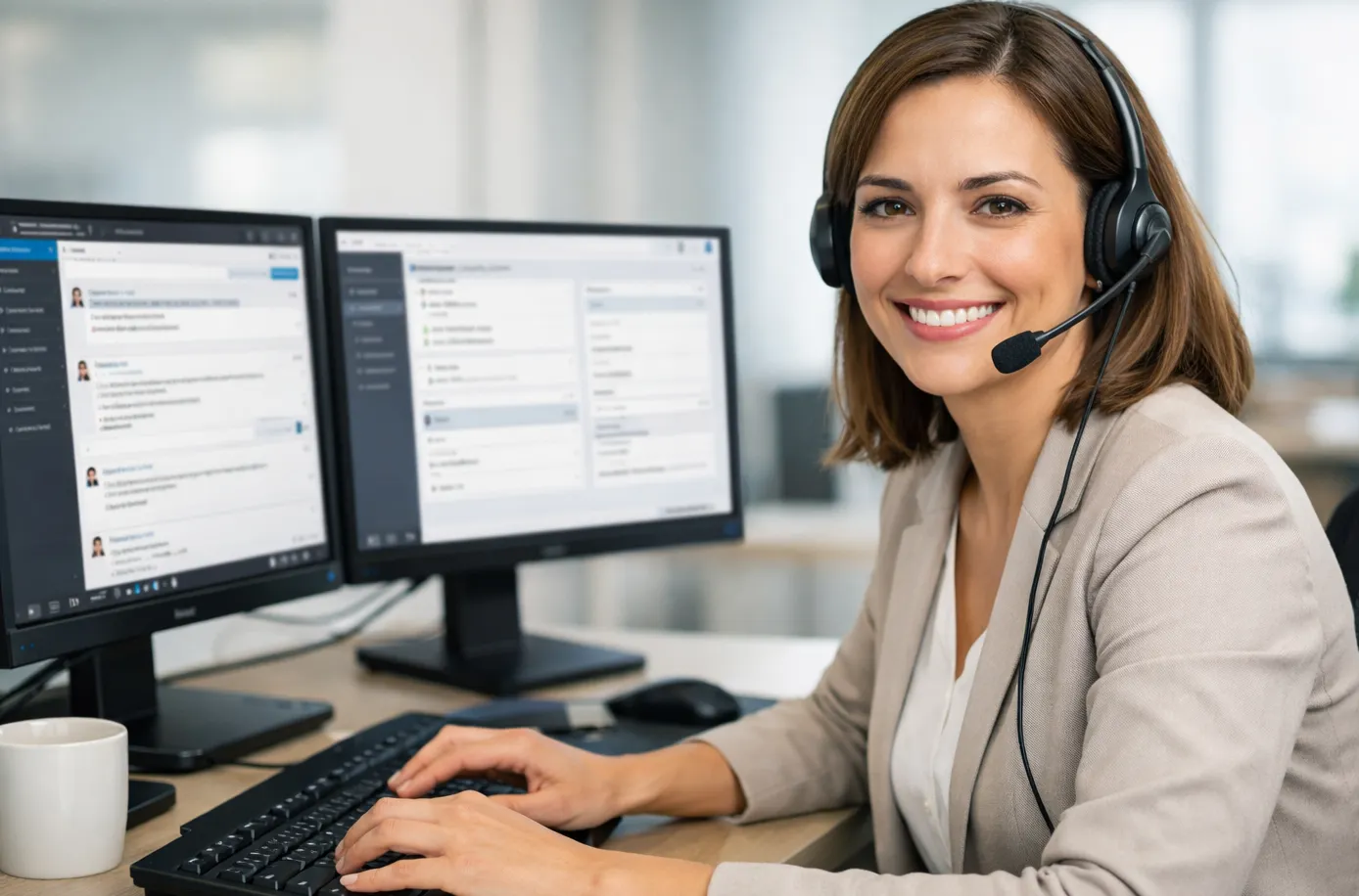 Freundlicher Kundenservice-Mitarbeiter mit Headset am Computer