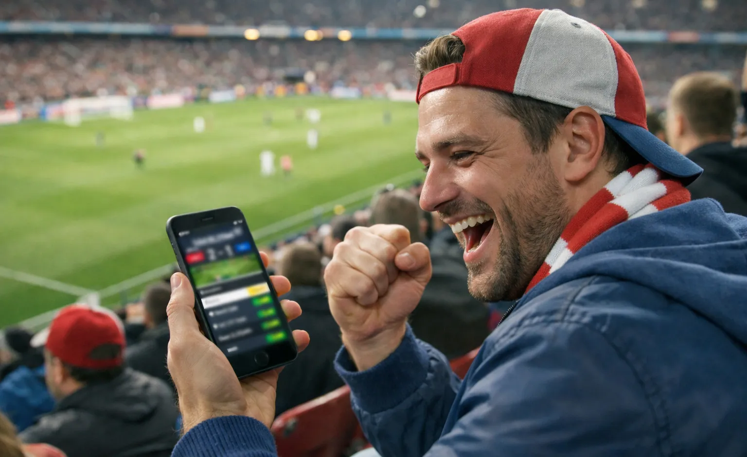 Person nutzt Sportwetten-App während eines Fußballspiels im Stadion