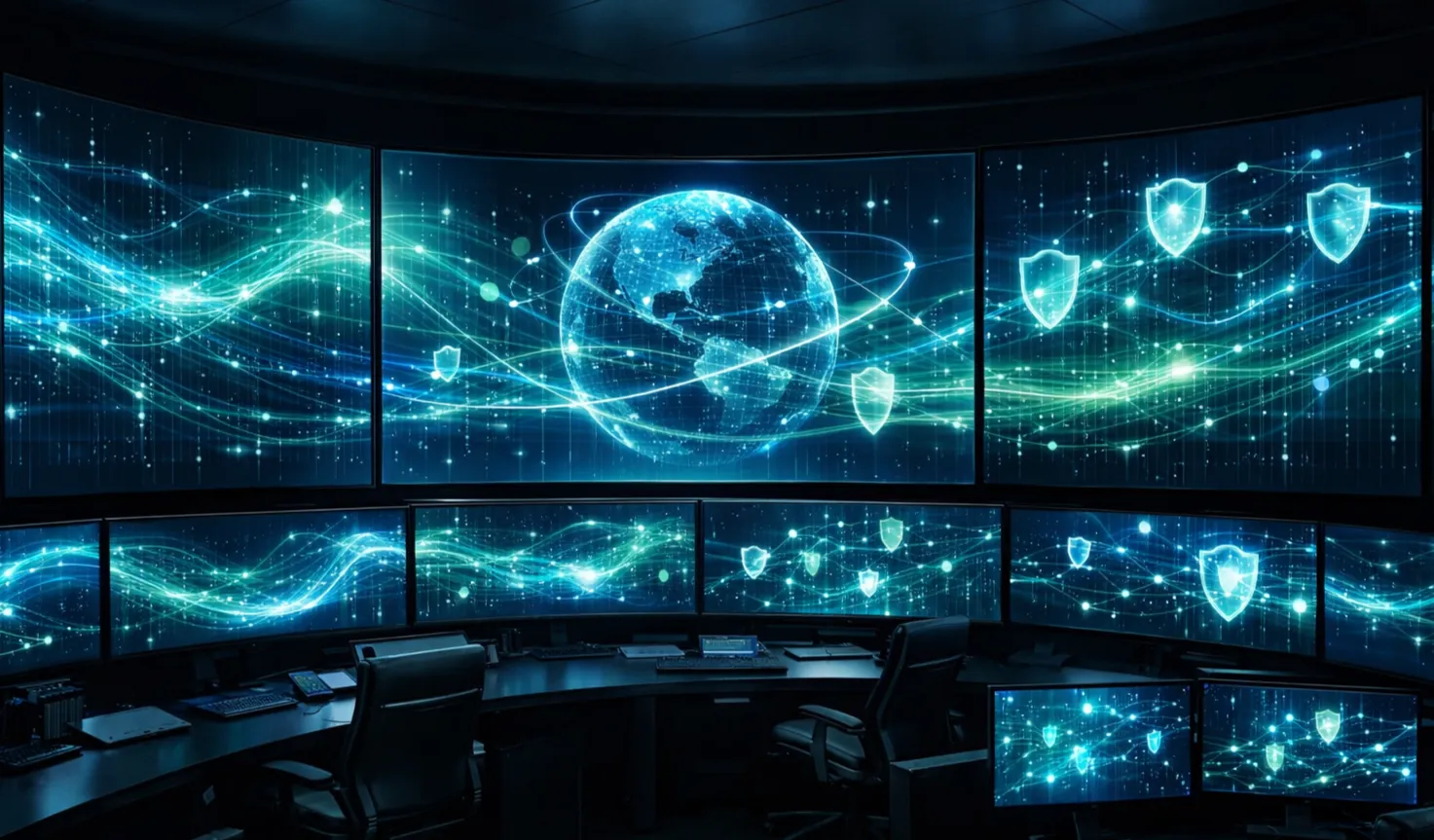 Digitales Überwachungssystem mit Datenströmen und Sicherheitssymbolen