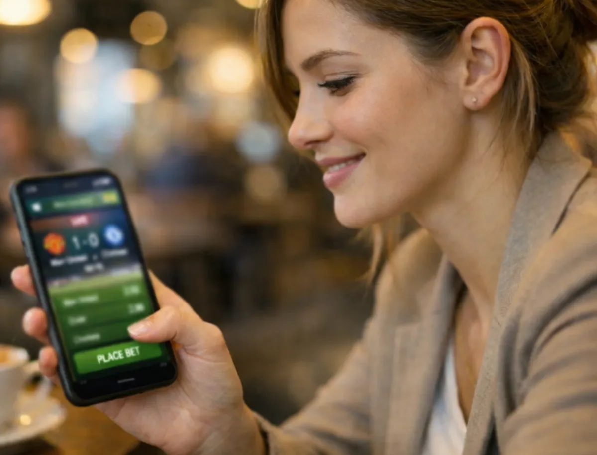 Person nutzt Sportwetten-App auf dem Smartphone unterwegs