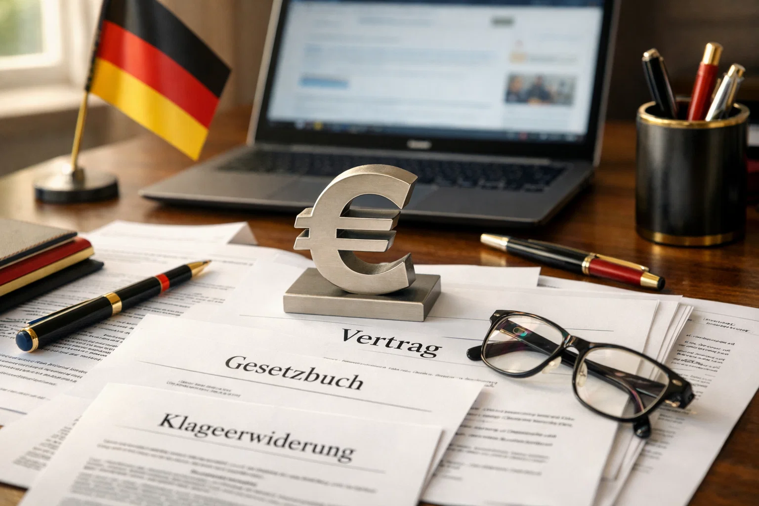 Deutsche Rechtsdokumente auf Schreibtisch mit Euro-Symbol und deutscher Flagge