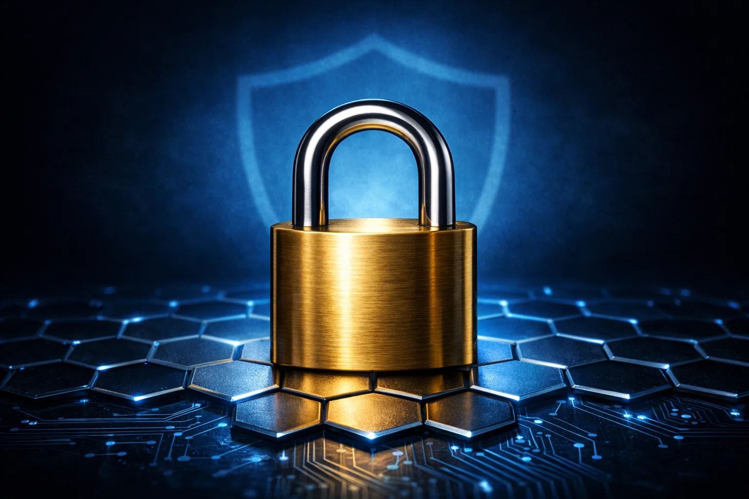 Goldenes Vorhängeschloss auf Blockchain-Muster als Symbol für Krypto-Sicherheit