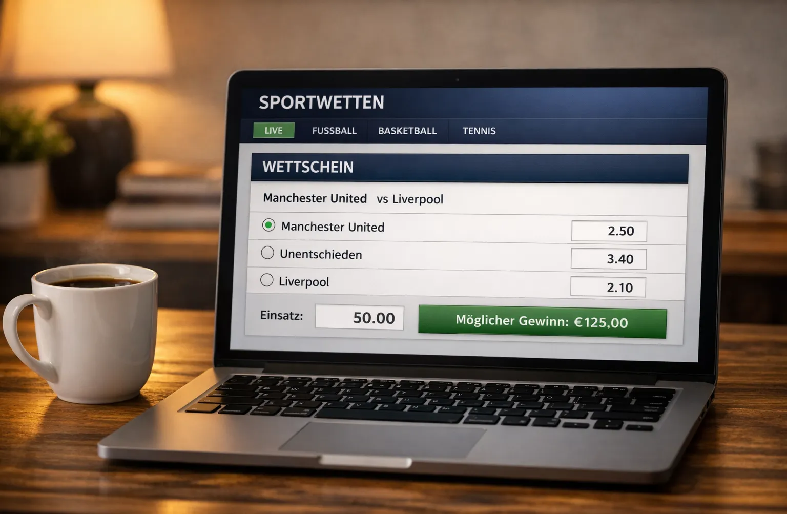 Wettschein-Interface auf Laptop mit Fußballwette