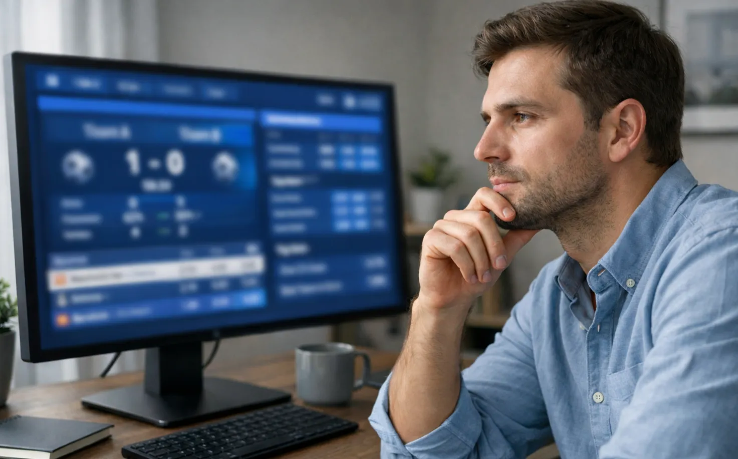 Mann blickt nachdenklich auf modernen Bildschirm mit Sportwetten-Daten